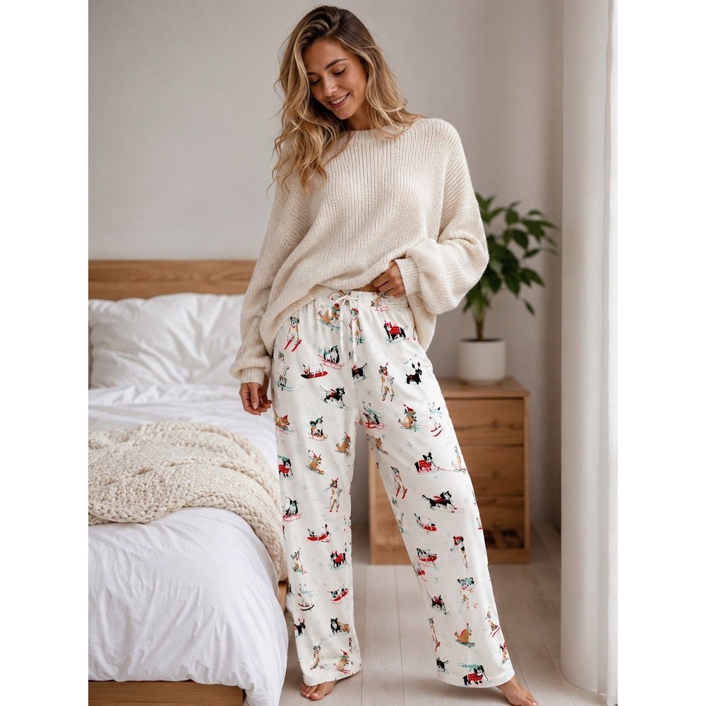 Sleep Sense Women's Pajama Pants Size S Holiday Skiing Dogs Cotton Lounge